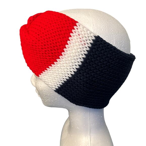 Hand Knit Twist Front Red, White &‎ Blue blue ear warmer Headband, adult size - Picture 3 of 5